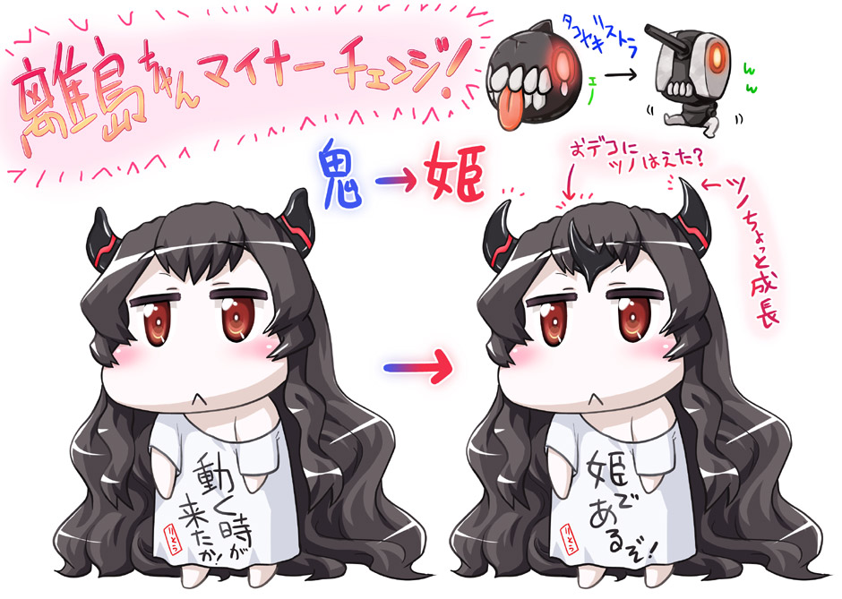 2girls :&lt; artillery_imp black_hair chibi crack directional_arrow enemy_aircraft_(kantai_collection) frown hase_yu horns isolated_island_hime isolated_island_oni kantai_collection long_hair multiple_girls off_shoulder red_eyes shinkaisei-kan shirt t-shirt tongue tongue_out translation_request very_long_hair you_work_you_lose