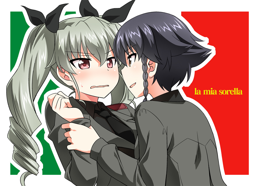 anchovy black_hair blush braid brown_eyes drill_hair girls_und_panzer long_hair looking_at_another military multiple_girls open_mouth pepperoni_(girls_und_panzer) short_hair smile twin_drills twintails umekichi