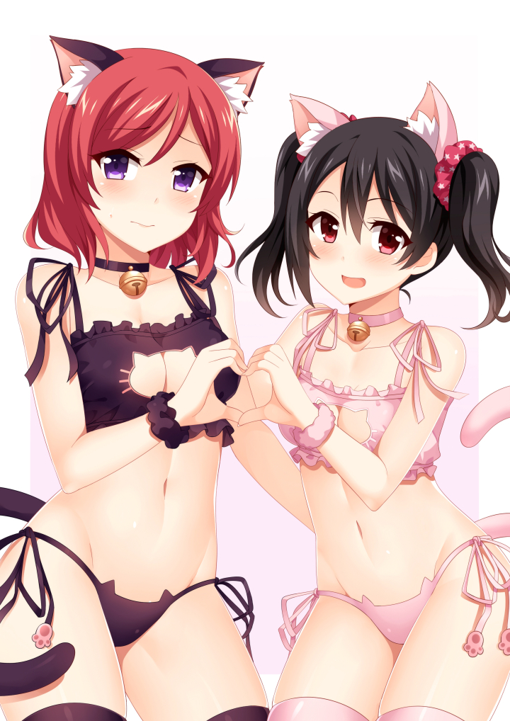 2girls animal_ears bare_shoulders bell black_bra black_hair black_legwear black_panties blush bra breasts cat_ears cat_lingerie cat_tail cleavage cleavage_cutout collar collarbone groin heart looking_at_viewer love_live!_school_idol_project mmrailgun multiple_girls navel nishikino_maki open_mouth orange_hair panties pink_bra pink_legwear pink_panties red_eyes scrunchie short_hair side-tie_panties tail thigh-highs twintails underwear underwear_only violet_eyes yazawa_nico