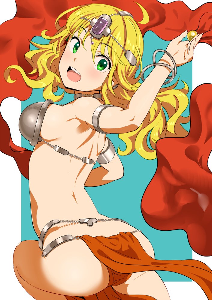 1girl ahoge arabian_clothes blonde_hair breasts green_eyes hoshii_miki idolmaster jewelry long_hair midriff open_mouth pettan_p shawl smile solo