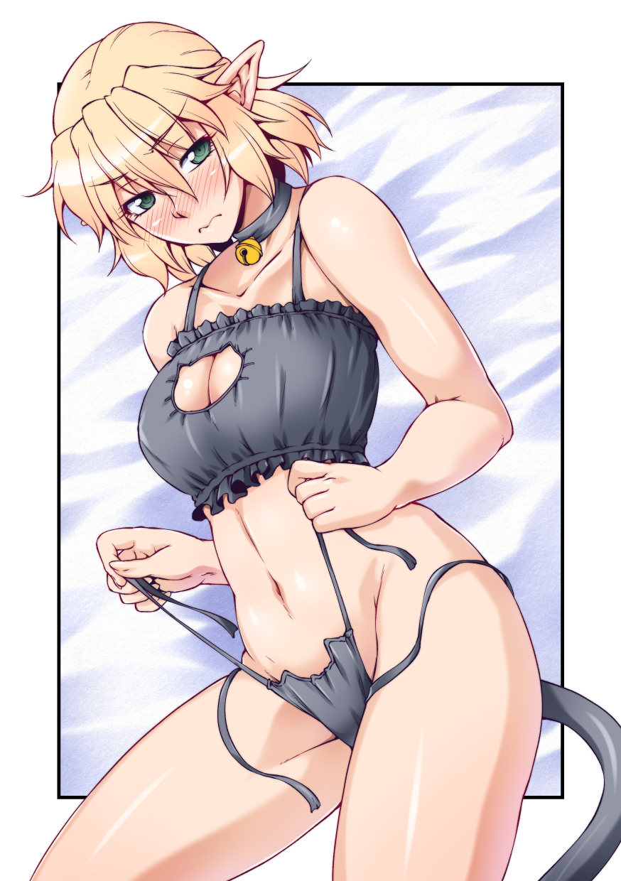 1girl bell bell_choker black_bra black_panties blonde_hair blush bra breasts cat_cutout cat_ear_panties cat_lingerie cat_tail choker cleavage_cutout green_eyes highres jingle_bell large_breasts mizuhashi_parsee navel ootsuki_wataru panties pointy_ears short_hair side-tie_panties solo tail touhou underwear underwear_only