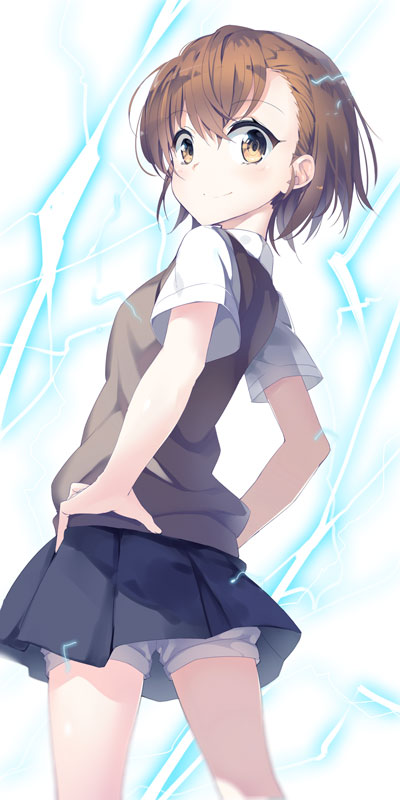 1girl brown_eyes brown_hair commentary_request electricity from_behind hands_on_hips lf looking_at_viewer looking_back misaka_mikoto pleated_skirt school_uniform shorts_under_skirt skirt smile solo spiky_hair sweater_vest to_aru_kagaku_no_railgun to_aru_majutsu_no_index