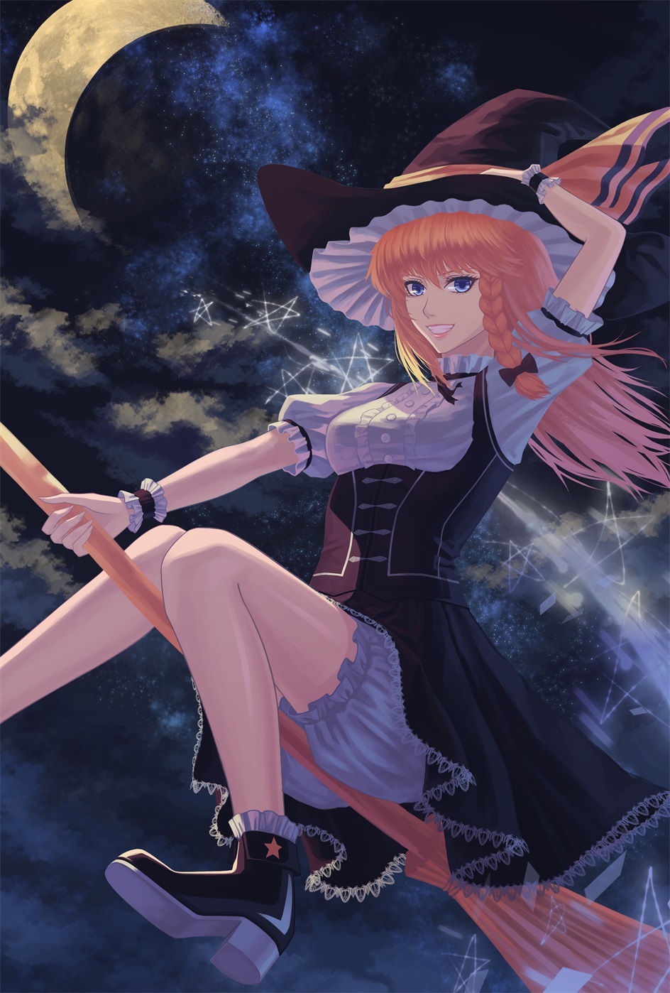 1girl blonde_hair blue_eyes braid broom broom_riding clouds cloudy_sky crescent_moon grin hand_on_headwear hat highres kirisame_marisa long_hair moon night night_sky red-d single_braid sky smile solo touhou witch_hat wrist_cuffs