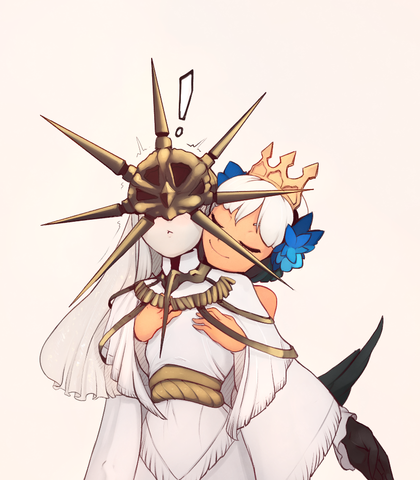 ! 1boy 1girl 34no404 ^_^ character_request closed_eyes covered_eyes crown dark_souls dark_sun_gwyndolin flat_chest gwendolyn hair_ornament long_hair long_sleeves odin_sphere silver_hair smile spikes wide_sleeves
