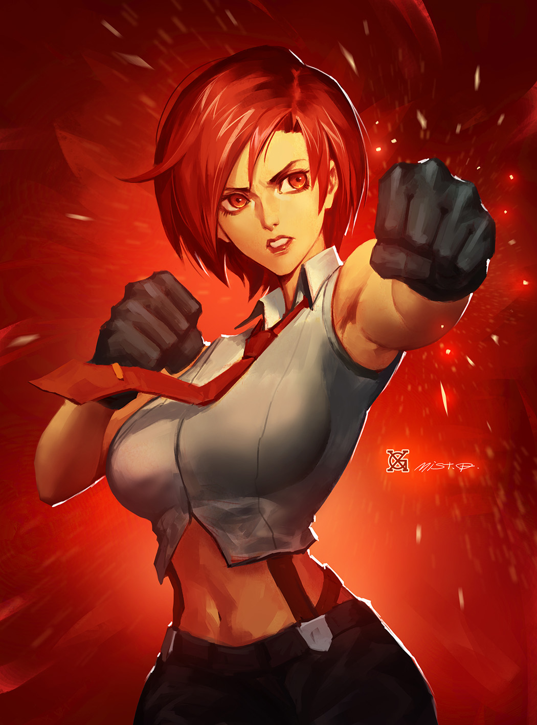 1girl boxing breasts gloves highres large_breasts lips lipstick makeup midriff navel necktie red_eyes redhead shirt short_hair sleeveless snk solo suspenders the_king_of_fighters vanessa_(king_of_fighters) xiaoguimist