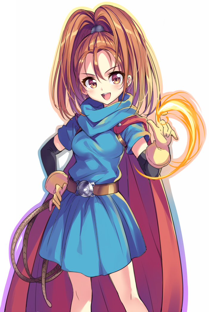 1girl :d arm_warmers barbara belt blue_dress brown_eyes brown_hair cape dragon_quest dragon_quest_vi dress fire gan_(shanimuni) gloves hair_between_eyes hand_on_hip high_ponytail long_hair looking_at_viewer magic open_mouth red_cape simple_background smile solo standing teeth whip white_background yellow_gloves