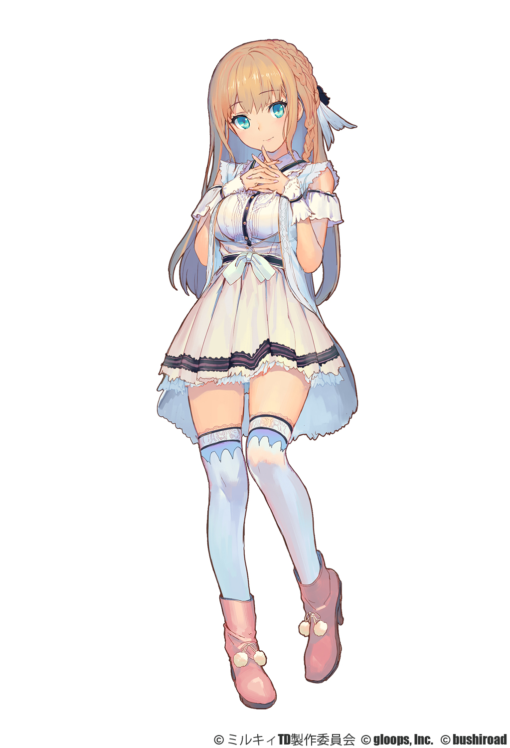 1girl aqua_eyes artist_request boots braid copyright_request dress french_braid hands_together high_heel_boots high_heels highres lace lace-trimmed_thighhighs light_brown_hair long_hair solo standing_on_one_leg thigh-highs white_dress white_legwear wrist_cuffs