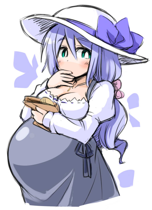 1girl bow breasts cleavage covering_mouth green_eyes hair_bow hair_ribbon hand_over_own_mouth hat hat_bow hat_ribbon kugelschreiber large_hat lavender_hair long_hair original ponytail pregnant ribbon solo