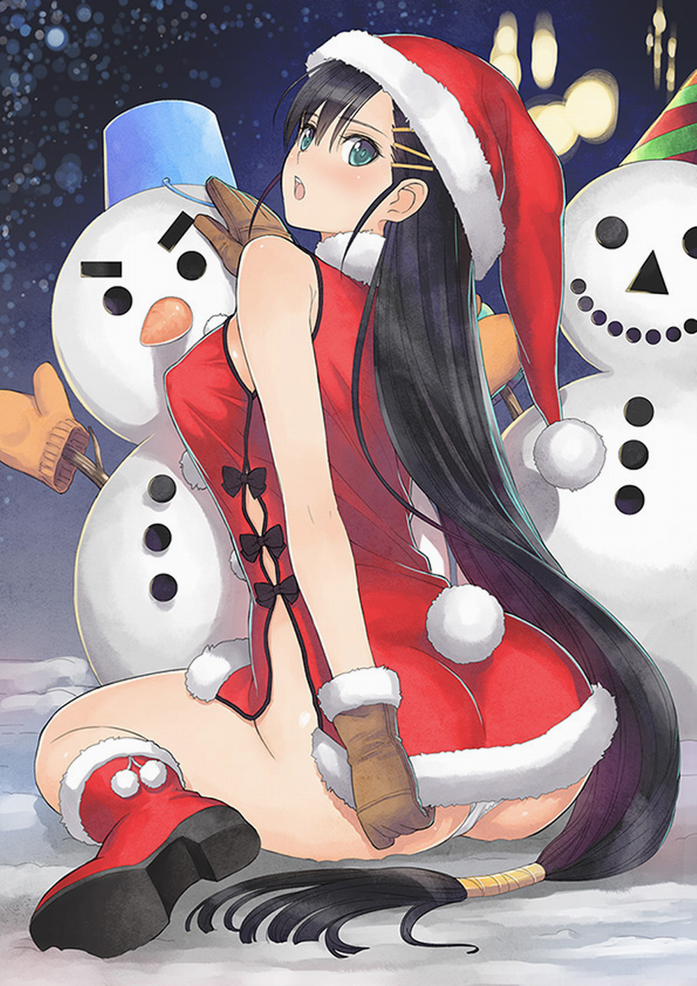 1girl ass bare_shoulders black_hair blade_arcus_from_shining blue_eyes blush boots breasts bunny_tail christmas gloves hair_ornament hairclip hat highres kneeling long_hair looking_at_viewer looking_back low-tied_long_hair open_mouth pairon panties pantyshot revealing_clothes santa_boots santa_costume santa_hat shining_(series) snowman solo tail tanaka_takayuki underwear very_long_hair