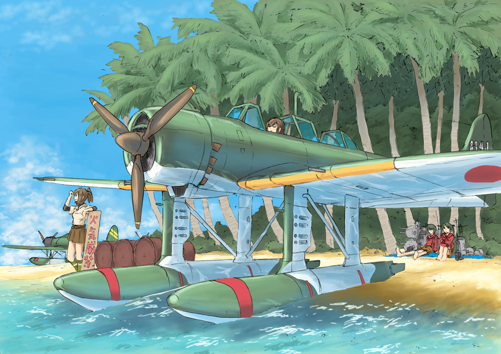 4girls airplane bare_legs beach brown_hair closed_eyes hyuuga_(kantai_collection) ise_(kantai_collection) island kantai_collection long_hair machinery mikuma_(kantai_collection) mogami_(kantai_collection) multiple_girls ocean palm_tree ponytail short_hair sitting skirt translation_request tree twintails vent_arbre water zuiun_(kantai_collection)