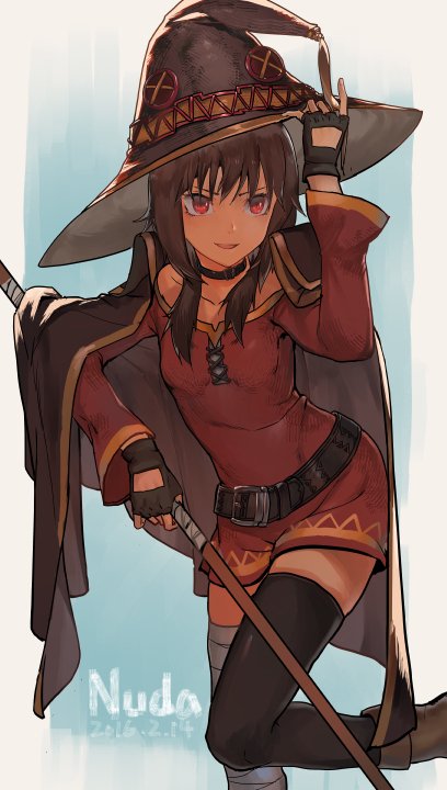 brown_hair fingerless_gloves gloves hat kono_subarashii_sekai_ni_shukufuku_wo! megumin nuda red_eyes thigh-highs witch_hat