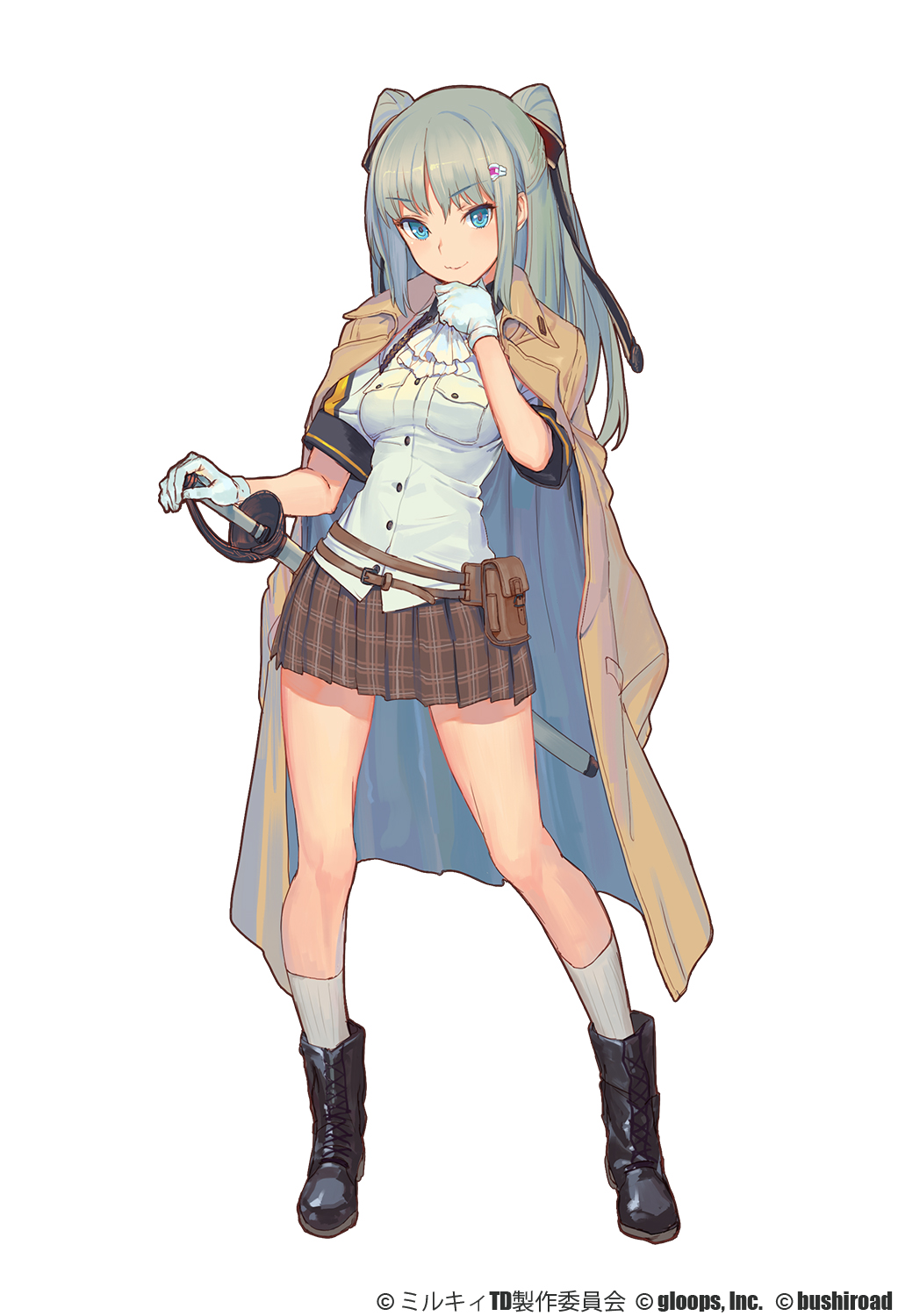 1girl artist_request belt_pouch blue_eyes boots copyright_request cross-laced_footwear gloves hair_ornament hair_ribbon hairclip hand_on_hilt hand_on_own_chin highres kneehighs light_brown_hair long_hair ribbon smile solo sword two_side_up weapon white_gloves white_legwear