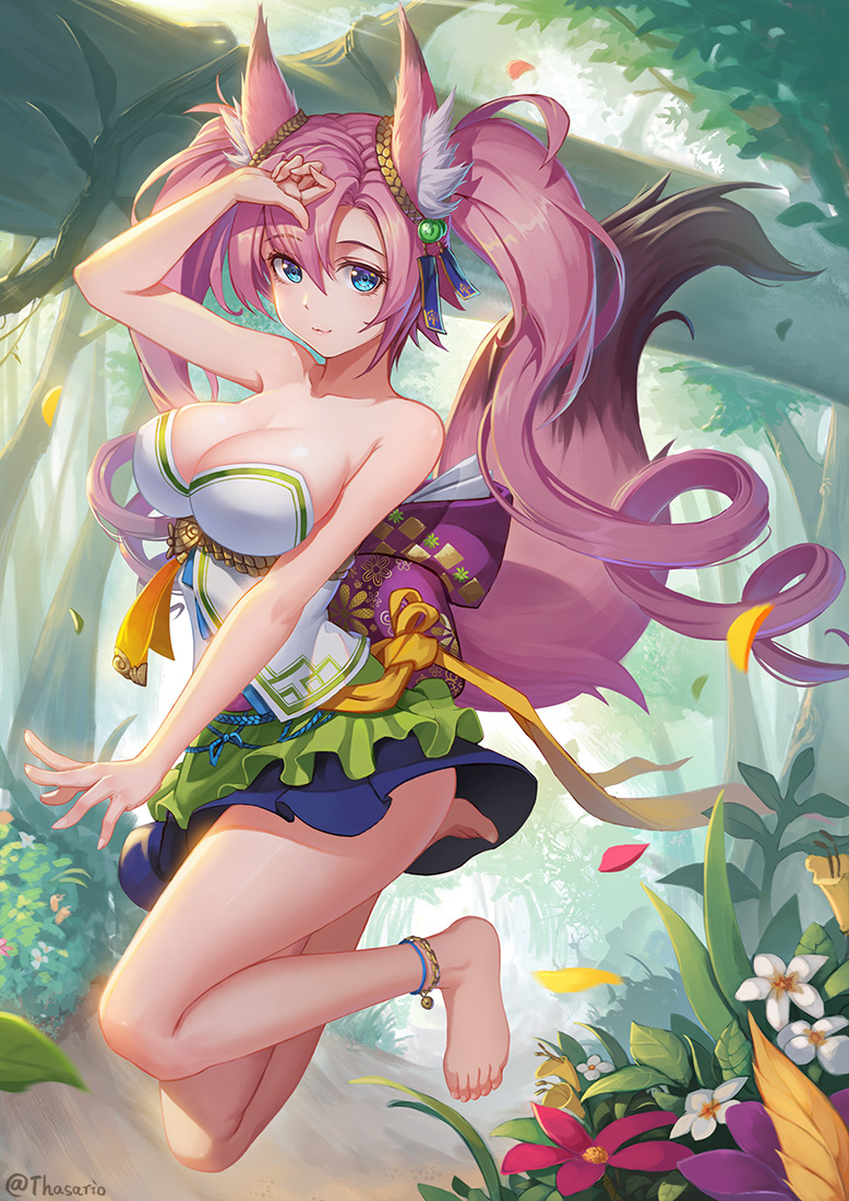 1girl animal_ears anklet bangs bare_arms bare_legs bare_shoulders barefoot blue_eyes breasts cleavage drill_hair feet flower forest fox_ears fox_tail hair_between_eyes hand_on_own_forehead jewelry jumping large_breasts layered_skirt legs lemoo long_hair looking_at_viewer miniskirt nature original outdoors outstretched_arm path petals pink_hair revision road sash skirt smile solo strapless sunlight tail toes tree twin_drills twintails twitter_username very_long_hair