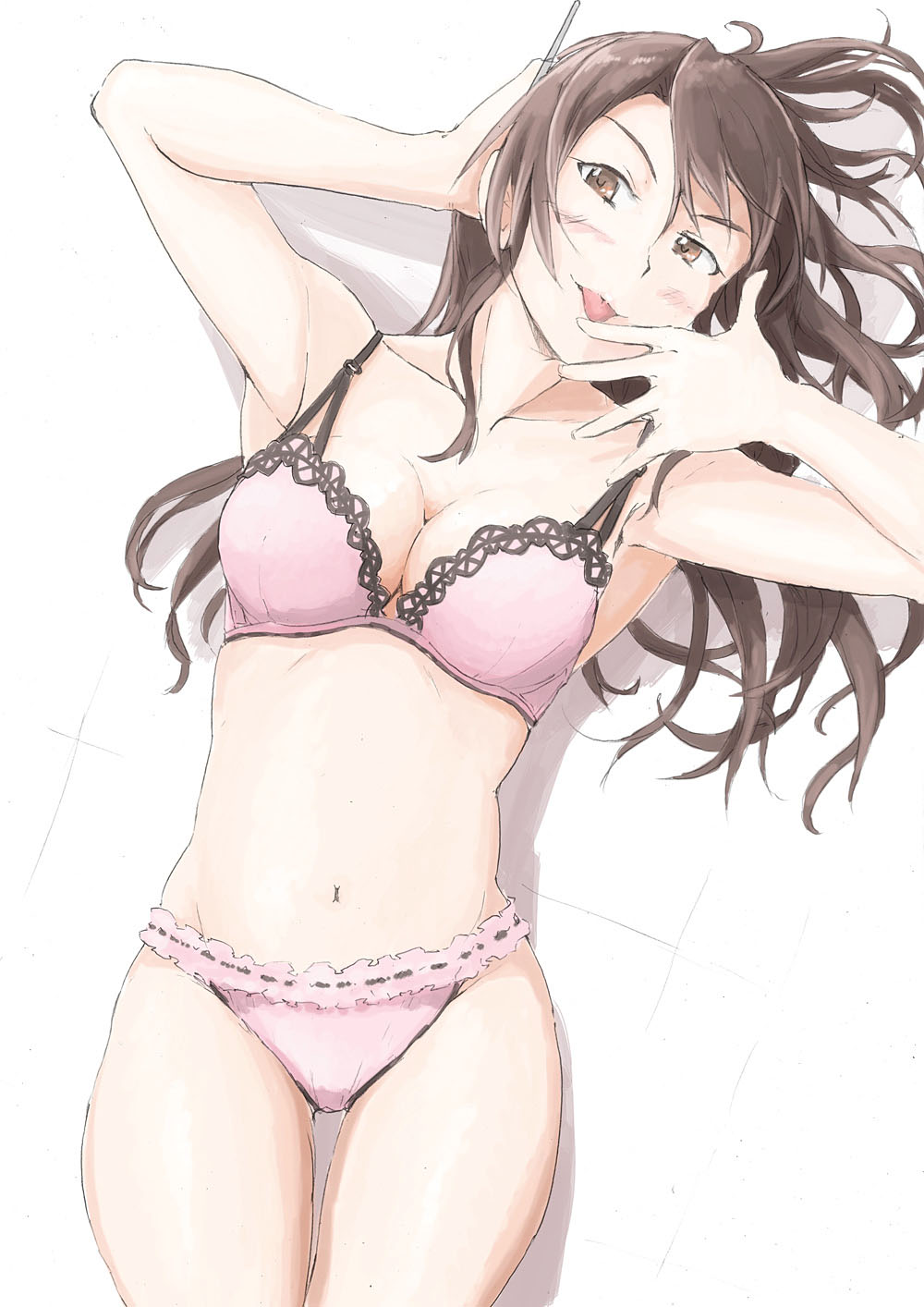 1girl arms_up ashigara_(kantai_collection) bare_shoulders blush bra breasts brown_eyes brown_hair cleavage hairband hand_on_own_head highres kantai_collection long_hair looking_at_viewer navel open_mouth panties pink_bra pink_panties smile solo tongue tongue_out underwear underwear_only vent_arbre