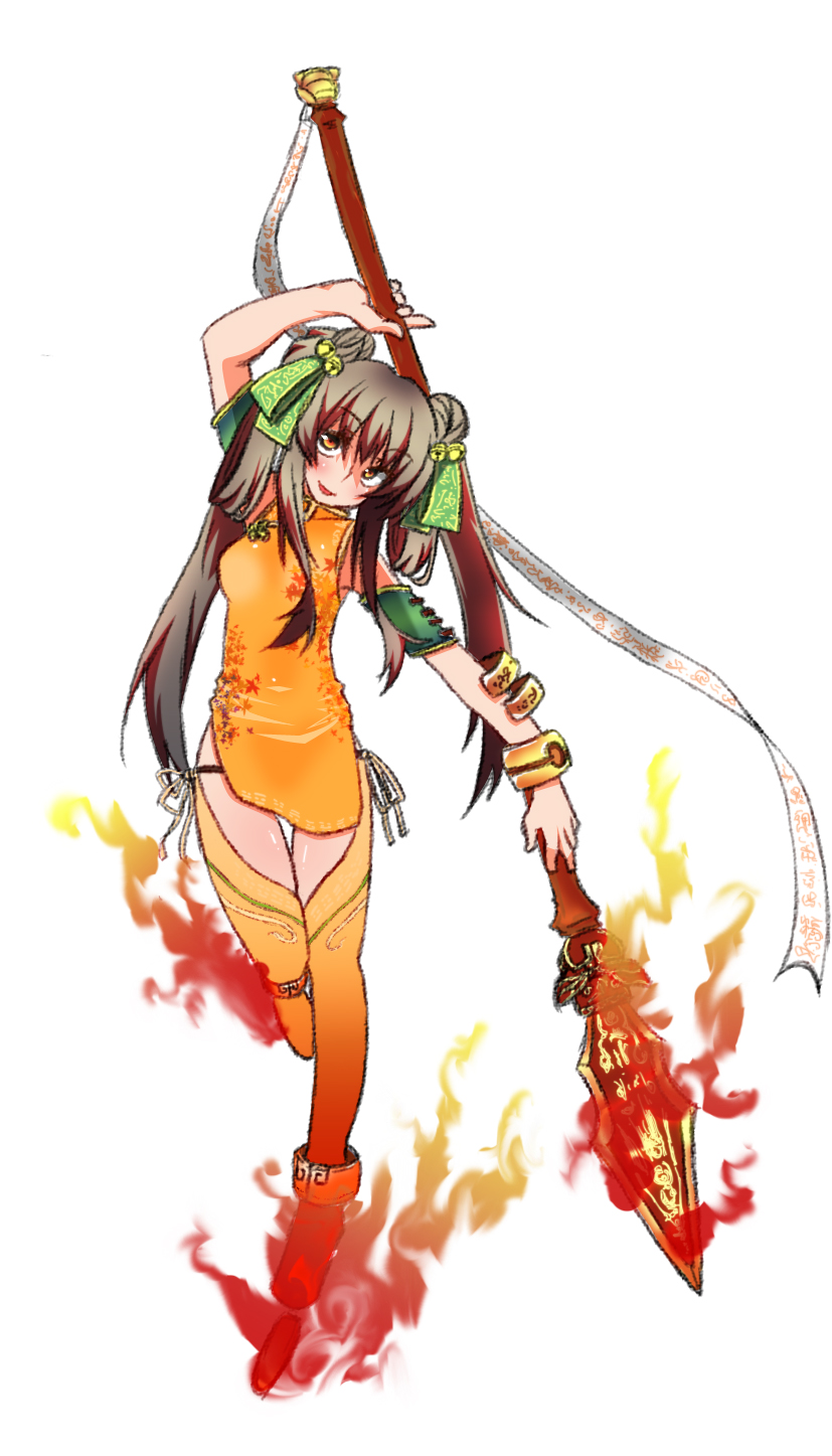 1girl artist_request bell bracelet brown_eyes brown_hair burning flame hair_ornament hair_rings highres jewelry long_hair looking_at_viewer nataku_(sennen_sensou_aigis) open_mouth orange_legwear orange_shoes polearm sennen_sensou_aigis shoes solo spear standing standing_on_one_leg thigh-highs weapon white_background