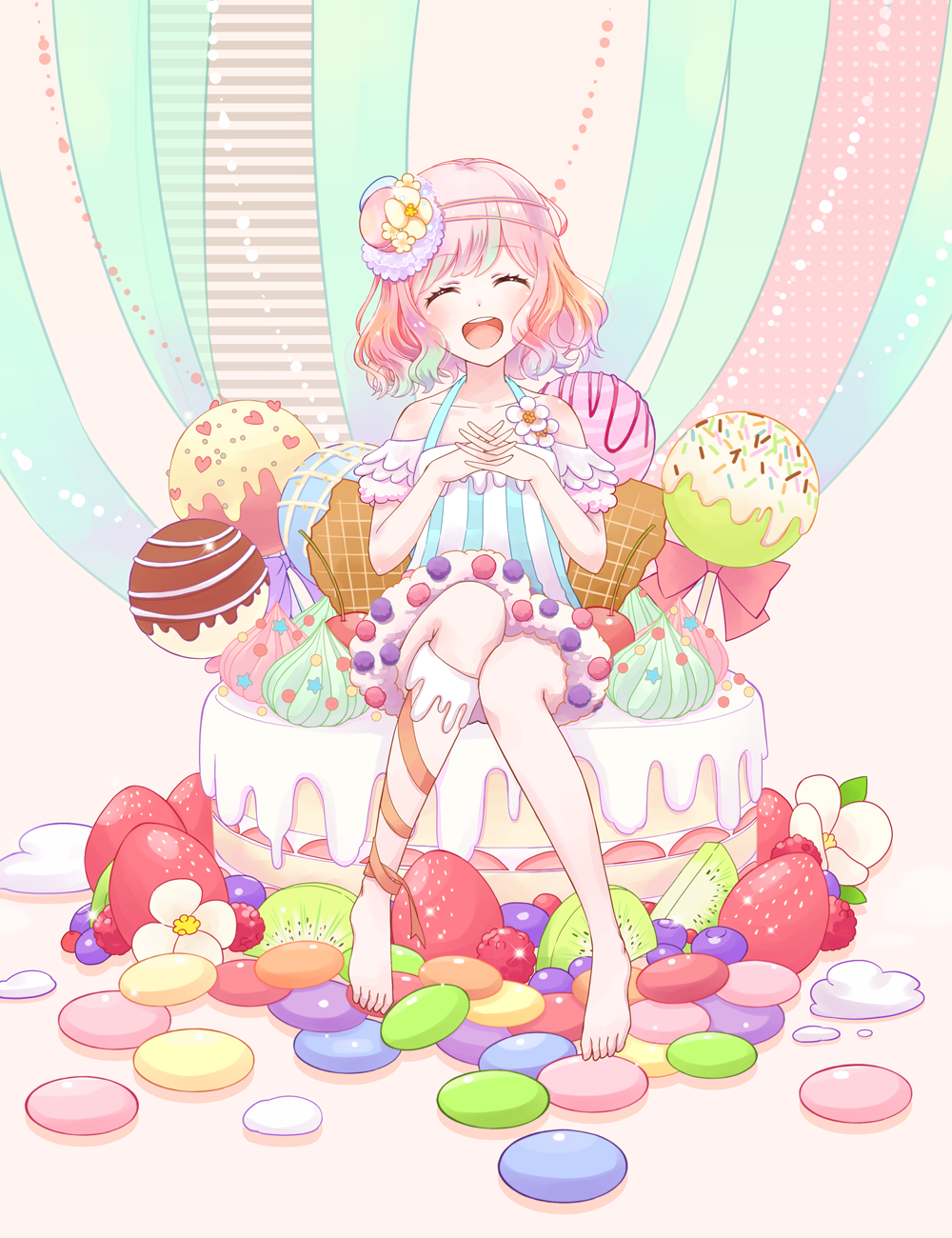 1girl :d ^_^ bare_shoulders barefoot cake candy chocolate closed_eyes collarbone dress food food_as_clothes food_themed_clothes fruit highres interlocked_fingers kiwifruit legs lollipop open_mouth original pink_hair short_hair sitting smile solo strawberry