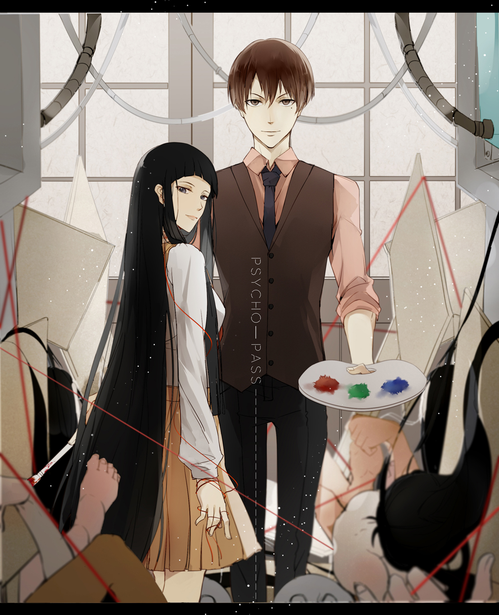 1boy 1girl black_eyes brown_eyes brown_hair canvas_(object) character_request copyright_name corpse ecrsin highres indoors limbs long_hair looking_at_viewer necktie oryou_rikako palette psycho-pass red_string school_uniform severed_limb standing string very_long_hair