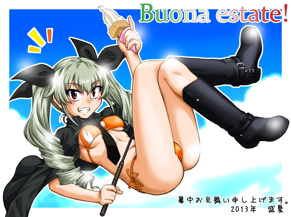 1girl anchovy bikini boots cape crossed_legs dated drill_hair girls_und_panzer green_hair grin holding ice_cream_cone italian_text long_hair lying on_back orange_bikini osaka_kanagawa red_eyes riding_crop shochuumimai smile solo swimsuit translated twin_drills twintails