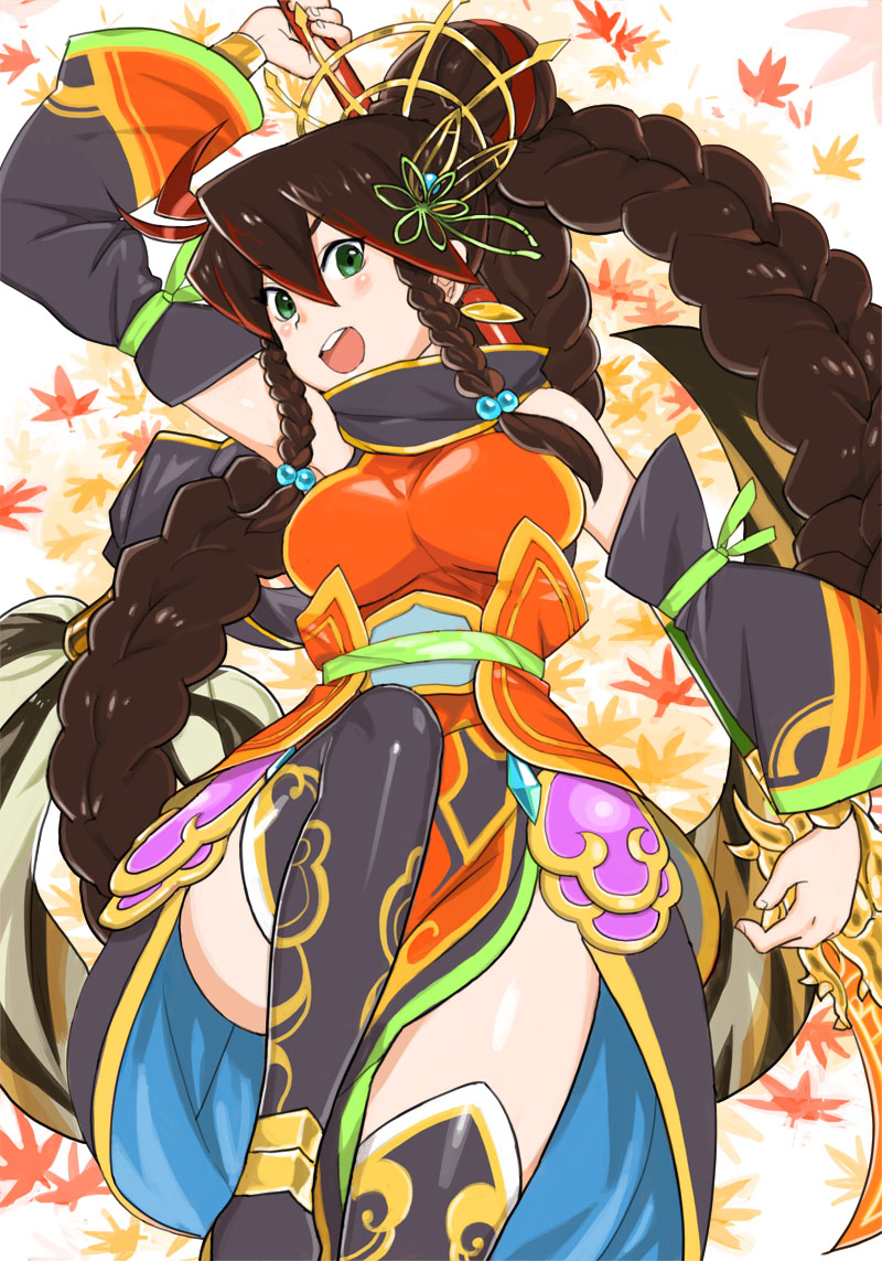 1girl braid brown_hair detached_sleeves front_braid green_eyes guan_yinping_(p&amp;d) hair_ornament halberd henry_bird_9 long_hair looking_at_viewer open_mouth polearm puzzle_&amp;_dragons smile solo thigh-highs twin_braids weapon