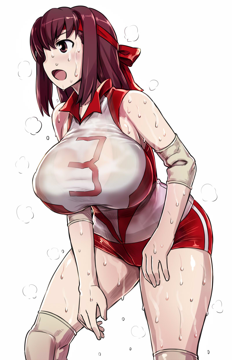 1girl 774_(nanashi) bare_shoulders breasts dripping girls_und_panzer highres hot huge_breasts kondou_taeko long_hair redhead see-through simple_background solo sportswear sweat sweating sweating_profusely volleyball_uniform wet wet_clothes white_background