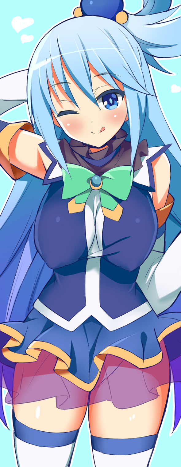 1girl 9law ;q aqua_(konosuba) aqua_background arm_behind_head blue_eyes blue_hair blue_skirt blush detached_sleeves heart highres kono_subarashii_sekai_ni_shukufuku_wo! long_hair one_eye_closed skirt solo thigh-highs tongue tongue_out