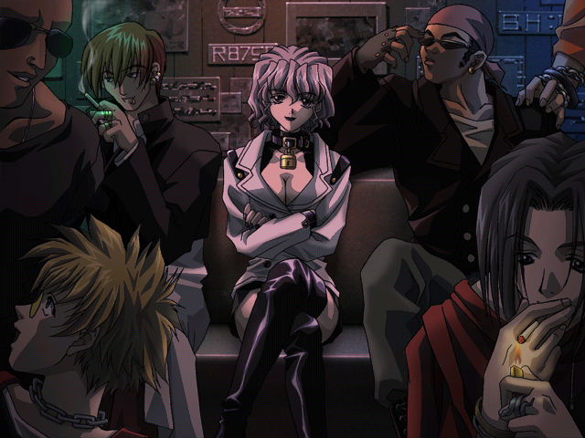 1girl bangs boots breasts carnelian choker cleavage crossed_arms crossed_legs game_cg glasses kusatsuki_akira lipstick looking_at_viewer makeup miniskirt multiple_boys purple_lipstick re_leaf short_hair silver_hair skirt smile smoking sunglasses thigh-highs thigh_boots wavy_hair