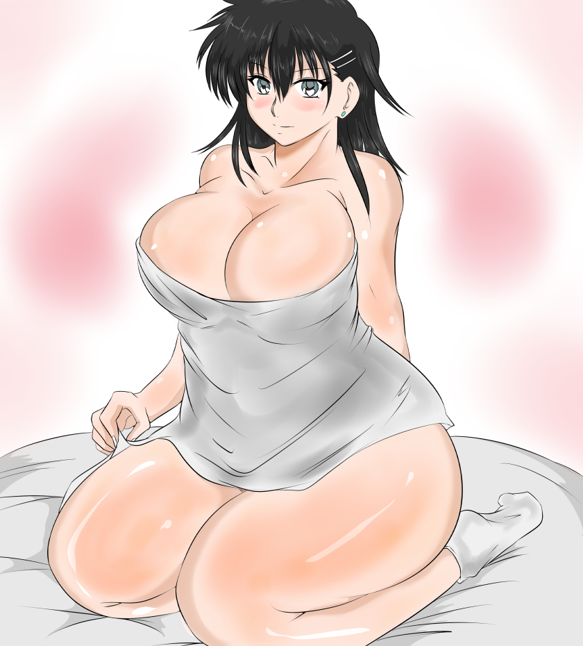 1girl black_hair blue_eyes blush breasts cleavage collarbone double_cross dxyuzu ear_studs earrings hair_ornament hairclip jewelry large_breasts long_hair looking_at_viewer naked_sheet plump seiza sitting socks solo tamano_tsubaki thick_thighs thighs