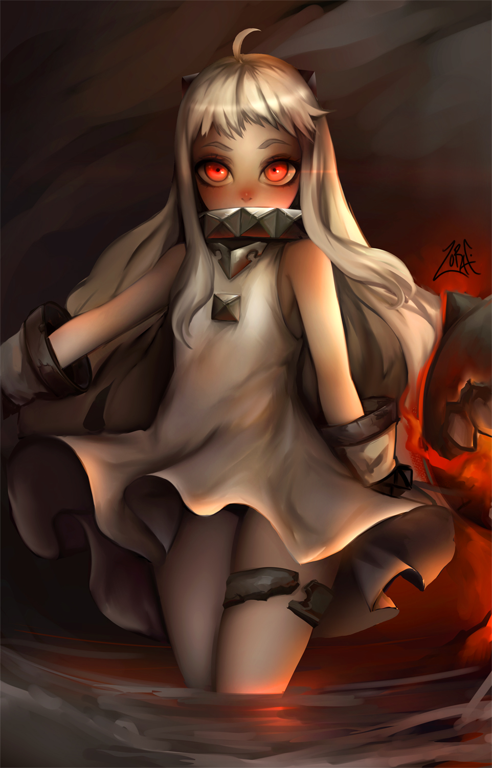 1girl ahoge artist_name bare_shoulders broken collar covered_mouth cowboy_shot dress elbow_gloves eyebrows fire flying gloves headgear highres kantai_collection long_hair looking_at_viewer monster northern_ocean_hime outstretched_arm red_eyes shinkaisei-kan silver_hair sleeveless sleeveless_dress solo teeth thick_eyebrows thigh_strap tsurime very_long_hair wading walking water white_dress white_gloves zorafi