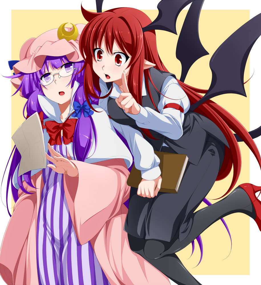 2girls :o bangs bat_wings black_legwear black_skirt black_vest black_wings blue_bow blunt_bangs book border bow capelet crescent_hair_ornament dress eichi_yuu eyebrows eyebrows_visible_through_hair fingernails floating_object flying glasses hair_bow hair_ornament hat head_wings high_heels koakuma long_fingernails long_hair long_sleeves looking_at_viewer low_wings mob_cap multiple_girls multiple_wings pantyhose paper patchouli_knowledge pink_hat pointing pointing_up puffy_long_sleeves puffy_sleeves purple_hair red_bow red_eyes red_shoes ribbon rimless_glasses sharp_fingernails shirt shoes skirt skirt_set striped striped_dress touhou very_long_hair violet_eyes white_shirt wide_sleeves wings yellow_background