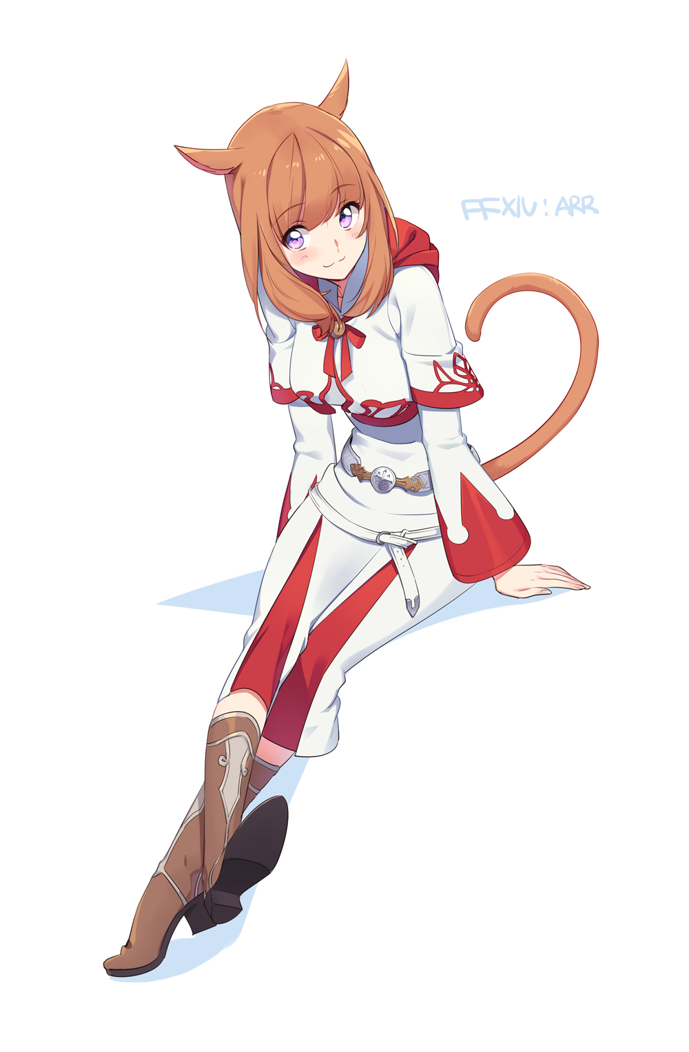 1girl :3 animal_ears blush boots brown_hair cat_ears cat_tail commentary_request facial_mark final_fantasy final_fantasy_xiv highres long_hair looking_at_viewer miqo'te robe simple_background sitting smile solo ssberit tail violet_eyes white_background white_mage white_mage_(fft)