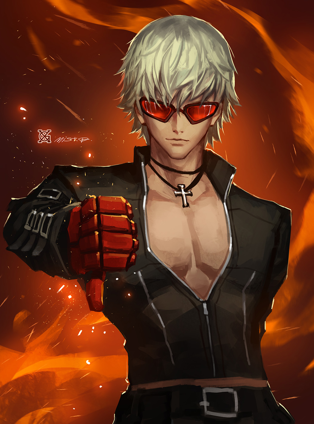 1boy biker_clothes cross dark_skin fingerless_gloves fire gloves highres jacket jewelry k' male_focus necklace red_gloves short_hair snk solo sunglasses the_king_of_fighters white_hair xiaoguimist