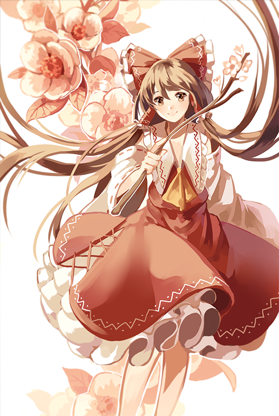 1girl bow brown_eyes brown_hair cherry_blossoms detached_sleeves dress hair_bow hair_tubes hakurei_reimu long_hair long_sleeves looking_at_viewer red_dress silence_girl smile solo touhou twig very_long_hair wide_sleeves
