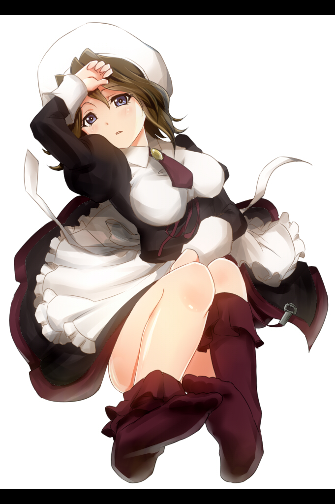 1girl apron asymmetrical_legwear blue_eyes brown_hair hat hijiri-tukasa juliet_sleeves long_sleeves maid no_shoes parted_lips puffy_sleeves red_legwear shannon umineko_no_naku_koro_ni