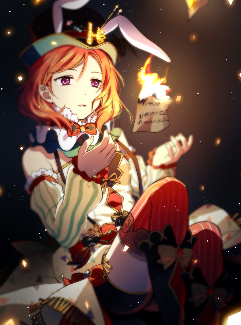 1girl akatsuki_(4941086) animal_ears bangs black_boots black_flower black_rose blurry boots bow bowtie burning depth_of_field detached_sleeves diamond_(shape) eyelashes fake_animal_ears fire floating_object floral_print flower frilled_sleeves frills gem gradient gradient_background hat jewelry love_live!_school_idol_project nishikino_maki parted_lips rabbit_ears red_legwear redhead rose rose_print shorts sitting solo striped striped_legwear suspenders swept_bangs thigh-highs top_hat triangle vertical-striped_legwear vertical_stripes violet_eyes