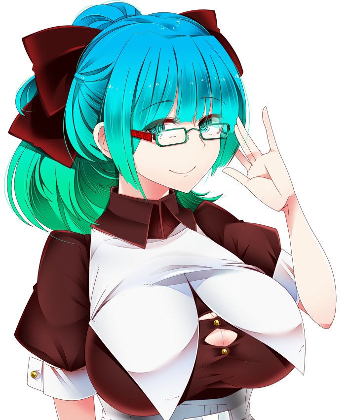 1girl al_bhed_eyes alternate_costume alternate_hairstyle apron bespectacled bow breasts buttons cleavage enmaided glasses gradient_hair green_eyes hair_bow hand_up kaboom_(bunsyakaboom) kagiyama_hina large_breasts looking_at_viewer maid maid_apron multicolored_hair ponytail puffy_short_sleeves puffy_sleeves red_bow shirt short_hair short_sleeves simple_background smile solo taut_clothes taut_shirt touhou white_background