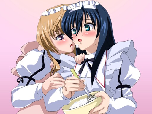 2girls alternate_costume apron aqua_eyes baking blonde_hair blue_hair blush bowl cheek_licking cream cream_on_face enmaided face_licking food food_on_face gradient gradient_background hair_between_eyes hand_on_another's_shoulder himemiya_chikane kannazuki_no_miko kurusugawa_himeko licking long_sleeves maid maid_headdress multiple_girls pink_background puffy_long_sleeves puffy_sleeves sanshita school_uniform surprised upper_body violet_eyes yuri