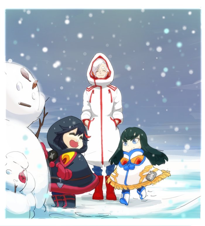 3girls adapted_costume black_hair boots child coat earmuffs frown gyosone junketsu kill_la_kill kiryuuin_ragyou kiryuuin_satsuki matoi_ryuuko mittens mother_and_daughter multiple_girls pantyhose poncho senketsu shinra-koketsu siblings sisters snow snowing snowman spoilers what_if white_hair winter winter_clothes younger