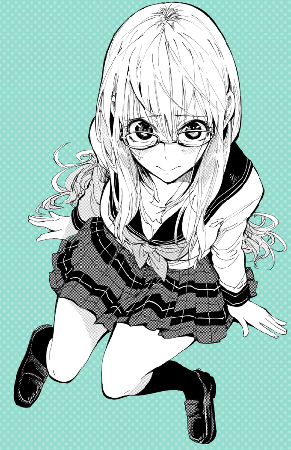 1girl :&gt; arm_support glasses long_hair looking_up miniskirt pleated_skirt school_uniform sitting skirt socks sokusekimaou solo