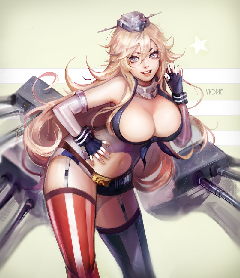 1girl :d artist_name bare_shoulders belt black_gloves black_shirt blonde_hair blue_eyes breasts buckle buttons cannon cleavage collar contrapposto crop_top elbow_gloves flag_print front-tie_top garter_straps gloves green_background grey_hat hair_between_eyes hand_on_hip hanging_breasts headgear iowa_(kantai_collection) kantai_collection large_breasts leaning_forward leg_garter looking_at_viewer machinery miniskirt navel navel_cutout nose open_clothes open_mouth open_shirt shirt simple_background skirt sleeveless sleeveless_shirt smile solo standing star star-shaped_pupils stomach striped striped_legwear symbol-shaped_pupils teeth turret unbuttoned viorie wrist_cuffs