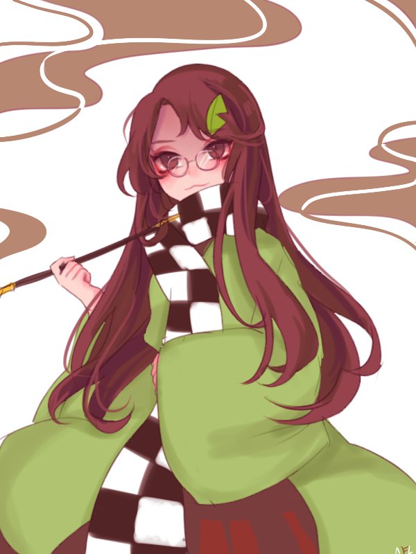 1girl brown_eyes brown_hair checkered_scarf futatsuiwa_mamizou futatsuiwa_mamizou_(human) glasses japanese_clothes jpeg_artifacts kiseru leaf leaf_on_head long_hair long_sleeves pipe scarf simple_background smile smoke solo tis_(shan0x0shan) touhou white_background wide_sleeves