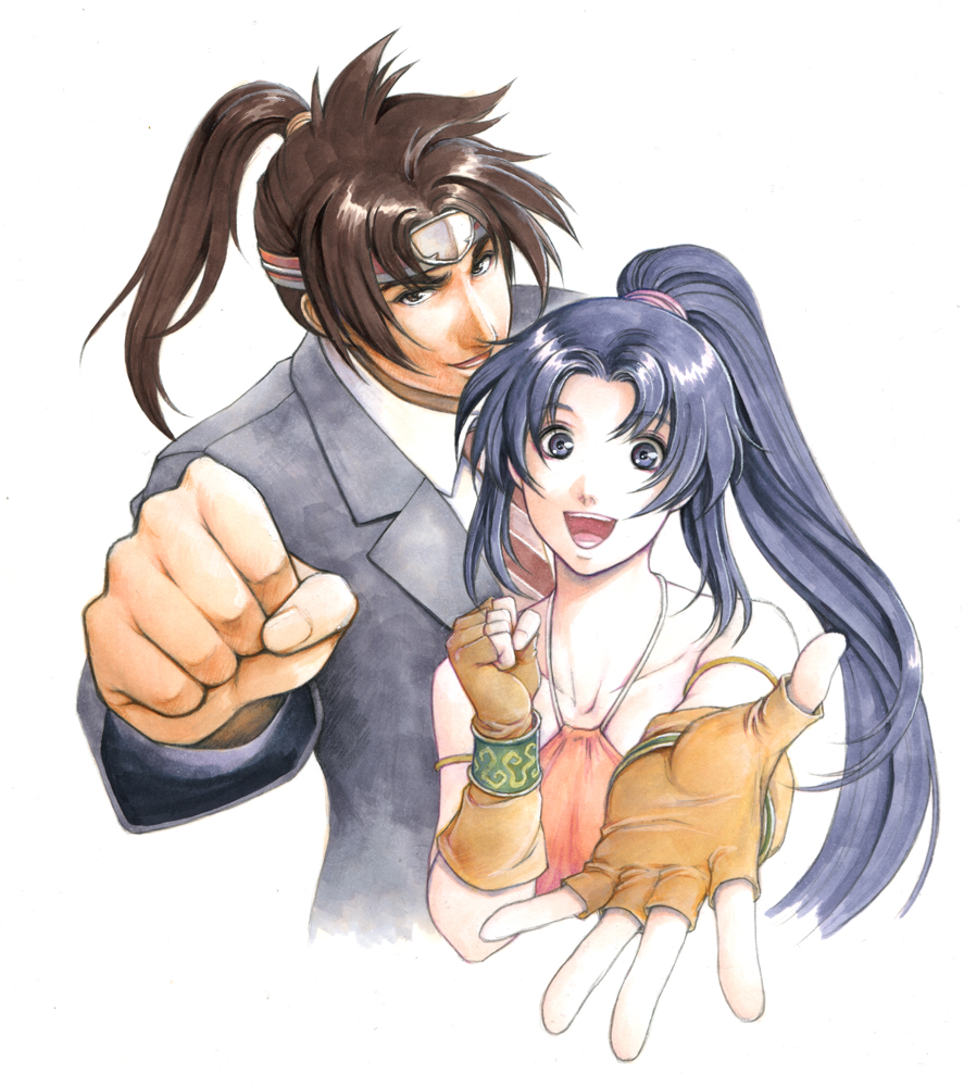 1boy 1girl aritani_mahoro armband bare_shoulders black_hair blue_eyes blue_hair brown_hair business_suit clenched_hand fingerless_gloves gloves guan_yinping headband looking_at_viewer open_mouth ponytail romance_of_the_three_kingdoms smile traditional_media upper_body white_background zhao_yun