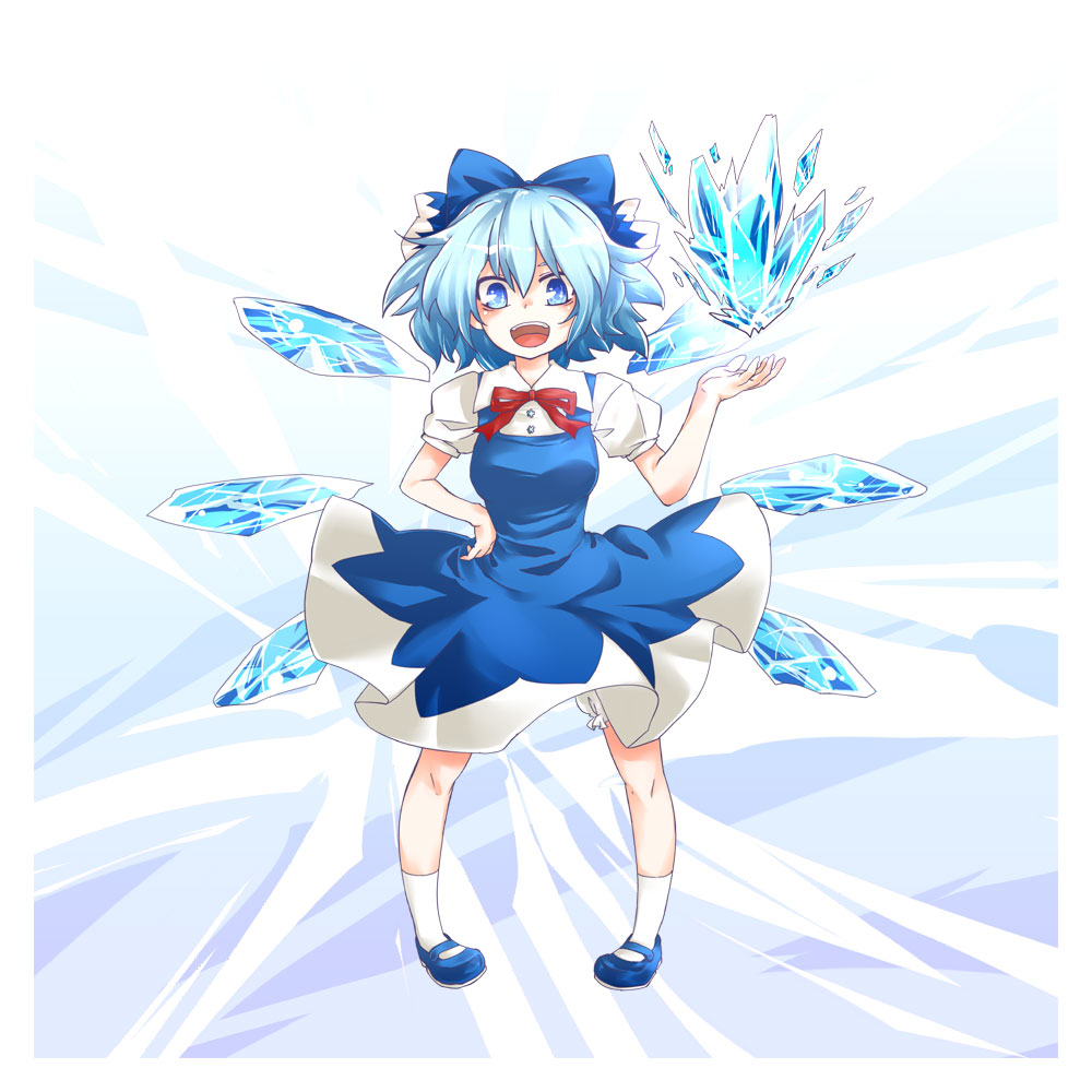 1girl :d blue_bow blue_dress blue_eyes blue_hair bow cirno dress full_body hair_bow hand_on_hip ice ice_wings kikuichi_monji looking_at_viewer open_mouth puffy_short_sleeves puffy_sleeves short_hair short_sleeves smile solo touhou wing_collar wings