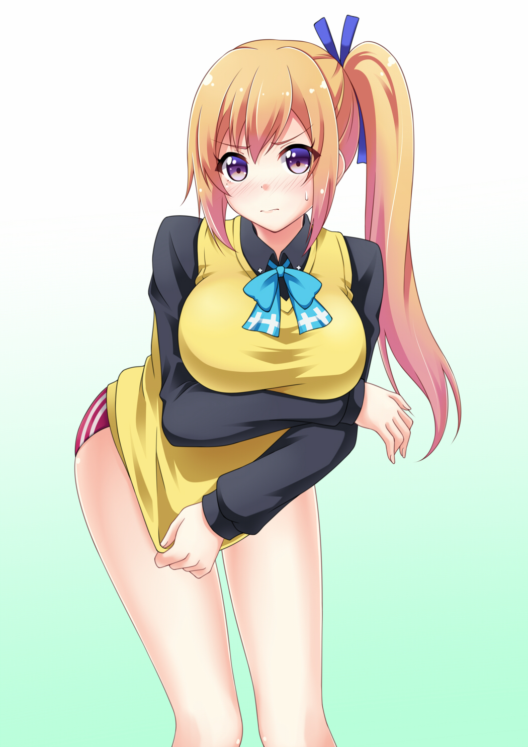 &gt;:( 1girl artist_request bent_over black_shirt blonde_hair blue_bow blue_bowtie blue_ribbon blush bow bowtie breast_hold breasts buruma closed_mouth clothes_pull frown gradient_hair green_background hair_ribbon highres kawakami_mai large_breasts long_sleeves looking_at_viewer multicolored_hair musaigen_no_phantom_world pink_hair ribbon shirt short_hair side_ponytail solo standing sweatdrop sweater sweater_pull sweater_vest tareme violet_eyes