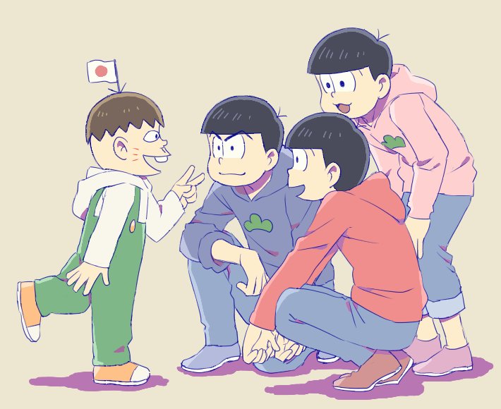 4boys bent_over black_hair bowl_cut brothers brown_hair buck_teeth flag grey_background hatabou height_difference hood hoodie japanese_flag male_focus matsuno_karamatsu matsuno_osomatsu matsuno_todomatsu multiple_boys osomatsu-kun osomatsu-san overalls siblings simple_background sleeves_rolled_up smile squatting v waving whisker_markings