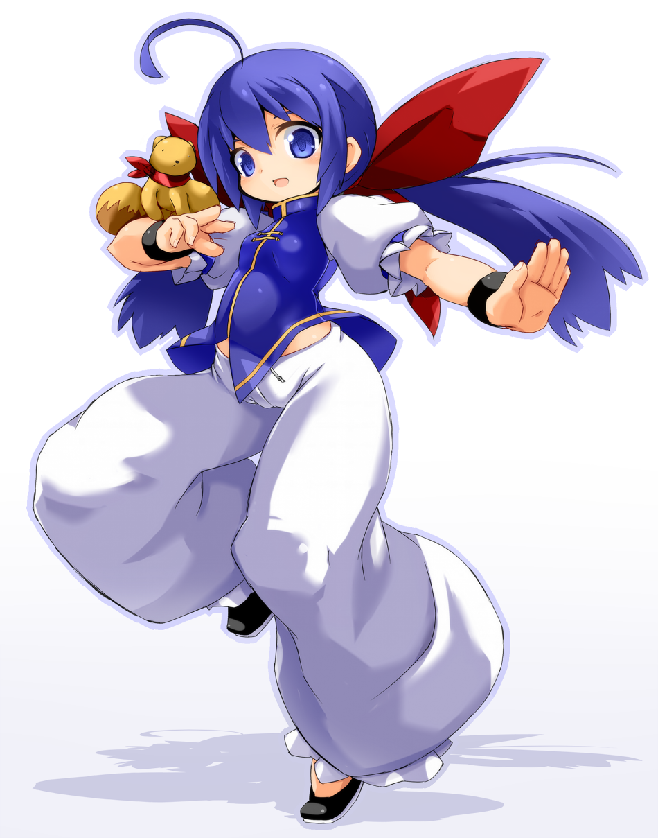 1girl ahoge black_shoes blue_eyes blue_hair fatal_fury ferret full_body futaba_hotaru highres karukan_(monjya) long_hair looking_at_viewer mark_of_the_wolves pants puffy_sleeves shoes smile solo standing_on_one_leg twintails white_background white_pants
