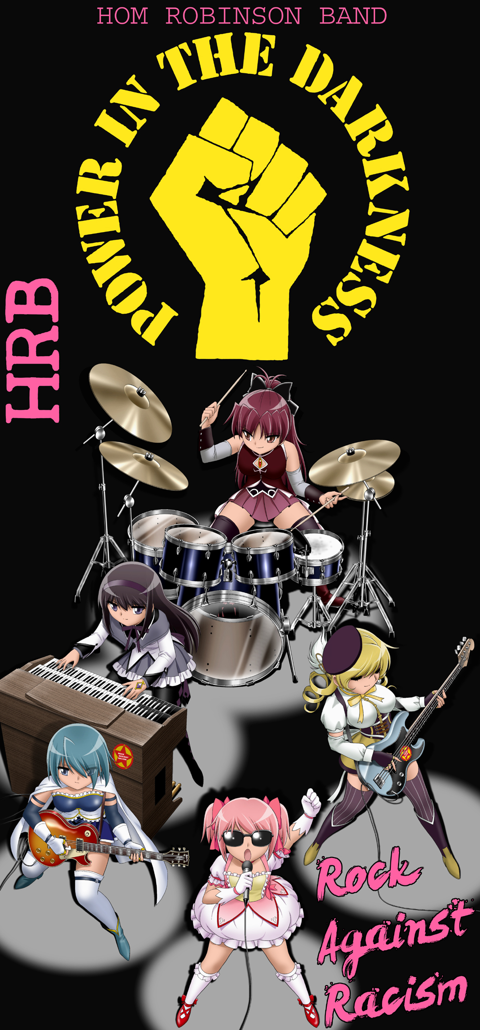 5girls akemi_homura bass_guitar beret blonde_hair blue_eyes blue_hair breasts clenched_hands drill_hair drum drum_set electric_guitar electric_organ eyes_visible_through_hair fingerless_gloves gloves guitar hairband hat high_ponytail highres instrument kaname_madoka long_hair magical_girl mahou_shoujo_madoka_magica maroon_hair microphone miki_sayaka multiple_girls open_mouth organ parody pink_hair playing_instrument pleated_skirt sakura_kyouko shingyouji_tatsuya short_hair short_twintails sitting skirt standing striped striped_legwear sunglasses thigh-highs tom_robinson_band tomoe_mami twin_drills twintails vertical-striped_legwear vertical_stripes zettai_ryouiki