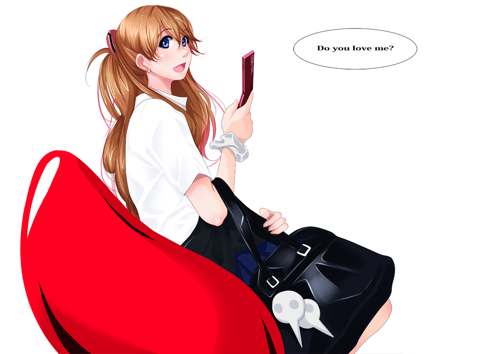 blue_eyes bookbag cellphone chair long_hair neon_genesis_evangelion open_mouth phone red_hair redhead sitting smile solo souryuu_asuka_langley tsuka_(pixiv) twintails