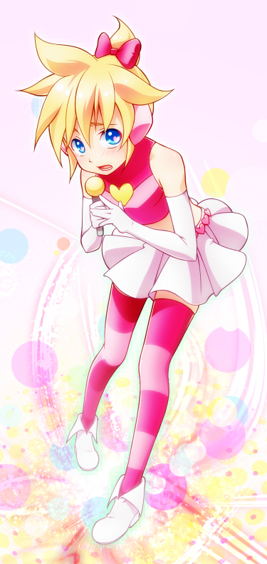 1boy blue_eyes blush bow crossdressinging elbow_gloves embarrassed gloves hair_ribbon headphones heart kagamine_len kuroi_(pixiv125798) male microphone midriff ribbon short_hair skirt solo striped striped_legwear striped_thighhighs thighhighs trap vocaloid white_gloves