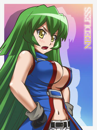 awa belt blush breasts erect_nipples gloves green_hair hands_on_hips large_breasts long_hair midriff needless no_bra open_clothes open_mouth open_shirt shirt solo yellow_eyes