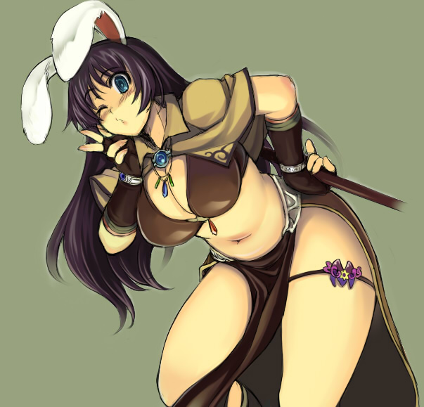 black_hair blue_eyes blush bracelet breasts bunny_ears cleavage curvy fingerless_gloves flower gloves jewelry large_breasts lips loincloth long_hair long_loincloth mage mage_(ragnarok_online) midriff navel necklace plump rabbit_ears ragnarok_online simple_background v weapon wink xration